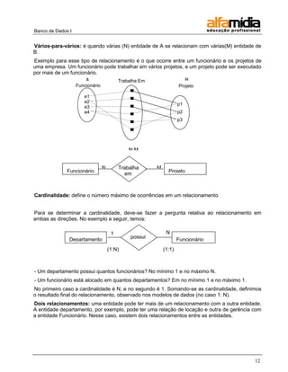 Banco de Dados I


Vários-para-vários: é quando várias (N) entidade de A se relacionam com várias(M) entidade de
B.
Exemplo para esse tipo de relacionamento é o que ocorre entre um funcionário e os projetos de
uma empresa. Um funcionário pode trabalhar em vários projetos, e um projeto pode ser executado
por mais de um funcionário.
                     A            Trabalha Em                  B
                   Funcionário                                     Projeto

                      e1
                      e2
                                                                   p1
                      e3
                      e4                                           p2
                                                                   p3




                                              N:M


                                 N        Trabalha     M
              Funcionário                                    Projeto
                                            em         1



Cardinalidade: define o número máximo de ocorrências em um relacionamento


Para se determinar a cardinalidade, deve-se fazer a pergunta relativa ao relacionamento em
ambas as direções. No exemplo a seguir, temos:

                                      1                     N
                                              possui
               Departamento                                        Funcionário
                                     (1:N)                 (1:1)



- Um departamento possui quantos funcionários? No mínimo 1 e no máximo N.
- Um funcionário está alocado em quantos departamentos? Em no mínimo 1 e no máximo 1.
No primeiro caso a cardinalidade é N, e no segundo é 1. Somando-se as cardinalidade, definimos
o resultado final do relacionamento, observado nos modelos de dados (no caso 1: N).
Dois relacionamentos: uma entidade pode ter mais de um relacionamento com a outra entidade.
A entidade departamento, por exemplo, pode ter uma relação de locação e outra de gerência com
a entidade Funcionário. Nesse caso, existem dois relacionamentos entre as entidades.




                                                                                           12
 