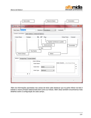 Banco de Dados I




                   Nome table                            Base de Dados                  Comentário




                                                           Opções numéricas ou update

                                                    Autoincremento                       Comentário

                                             Nulo

                                Tipo Dados

          Nome Campo                                          Salvar




Além da informações apontadas nas caixas de texto cabe destacar que na parte inferior da tela é
exibida a chave primária selecionada bem como os índices. Além disso também encontramos mais
detalhes sobre a configuração de cada campo.




                                                                                                      169
 