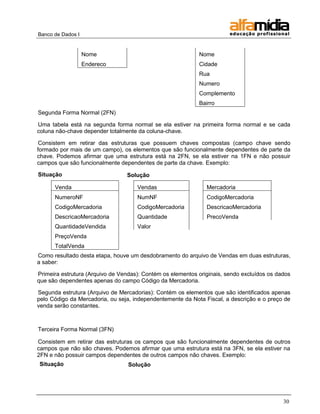 Banco de Dados I


                   Nome                                     Nome
                   Endereco                                 Cidade
                                                            Rua
                                                            Numero
                                                            Complemento
                                                            Bairro
Segunda Forma Normal (2FN)

Uma tabela está na segunda forma normal se ela estiver na primeira forma normal e se cada
coluna não-chave depender totalmente da coluna-chave.

 Consistem em retirar das estruturas que possuem chaves compostas (campo chave sendo
formado por mais de um campo), os elementos que são funcionalmente dependentes de parte da
chave. Podemos afirmar que uma estrutura está na 2FN, se ela estiver na 1FN e não possuir
campos que são funcionalmente dependentes de parte da chave. Exemplo:

Situação                         Solução

      Venda                          Vendas                    Mercadoria
      NumeroNF                       NumNF                     CodigoMercadoria
      CodigoMercadoria               CodigoMercadoria          DescricaoMercadoria
      DescricaoMercadoria            Quantidade                PrecoVenda
      QuantidadeVendida              Valor
      PreçoVenda
      TotalVenda
Como resultado desta etapa, houve um desdobramento do arquivo de Vendas em duas estruturas,
a saber:

Primeira estrutura (Arquivo de Vendas): Contém os elementos originais, sendo excluídos os dados
que são dependentes apenas do campo Código da Mercadoria.

Segunda estrutura (Arquivo de Mercadorias): Contém os elementos que são identificados apenas
pelo Código da Mercadoria, ou seja, independentemente da Nota Fiscal, a descrição e o preço de
venda serão constantes.



Terceira Forma Normal (3FN)

Consistem em retirar das estruturas os campos que são funcionalmente dependentes de outros
campos que não são chaves. Podemos afirmar que uma estrutura está na 3FN, se ela estiver na
2FN e não possuir campos dependentes de outros campos não chaves. Exemplo:
Situação                          Solução




                                                                                            30
 