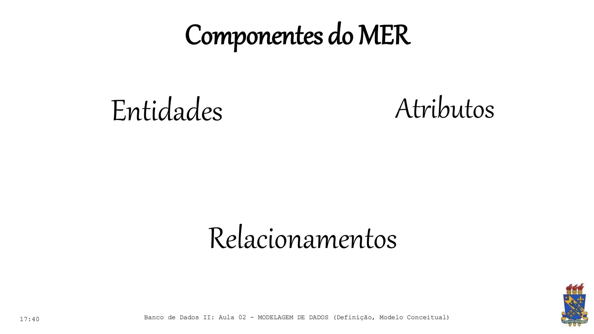 Componentesdo MER
17:40 Banco de Dados II: Aula 02 - MODELAGEM DE DADOS (Definição, Modelo Conceitual)
Entidades Atributos
Relacionamentos
 