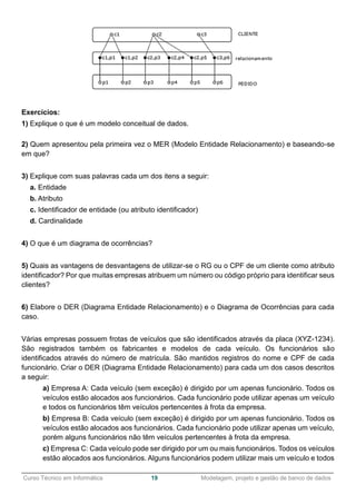 ______________________________________________________________________________________________
Curso Técnico em Informática 19 Modelagem, projeto e gestão de banco de dados
Exercícios:
1) Explique o que é um modelo conceitual de dados.
2) Quem apresentou pela primeira vez o MER (Modelo Entidade Relacionamento) e baseando-se
em que?
3) Explique com suas palavras cada um dos itens a seguir:
a. Entidade
b. Atributo
c. Identificador de entidade (ou atributo identificador)
d. Cardinalidade
4) O que é um diagrama de ocorrências?
5) Quais as vantagens de desvantagens de utilizar-se o RG ou o CPF de um cliente como atributo
identificador? Por que muitas empresas atribuem um número ou código próprio para identificar seus
clientes?
6) Elabore o DER (Diagrama Entidade Relacionamento) e o Diagrama de Ocorrências para cada
caso.
Várias empresas possuem frotas de veículos que são identificados através da placa (XYZ-1234).
São registrados também os fabricantes e modelos de cada veículo. Os funcionários são
identificados através do número de matrícula. São mantidos registros do nome e CPF de cada
funcionário. Criar o DER (Diagrama Entidade Relacionamento) para cada um dos casos descritos
a seguir:
a) Empresa A: Cada veículo (sem exceção) é dirigido por um apenas funcionário. Todos os
veículos estão alocados aos funcionários. Cada funcionário pode utilizar apenas um veículo
e todos os funcionários têm veículos pertencentes à frota da empresa.
b) Empresa B: Cada veículo (sem exceção) é dirigido por um apenas funcionário. Todos os
veículos estão alocados aos funcionários. Cada funcionário pode utilizar apenas um veículo,
porém alguns funcionários não têm veículos pertencentes à frota da empresa.
c) Empresa C: Cada veículo pode ser dirigido por um ou mais funcionários. Todos os veículos
estão alocados aos funcionários. Alguns funcionários podem utilizar mais um veículo e todos
 