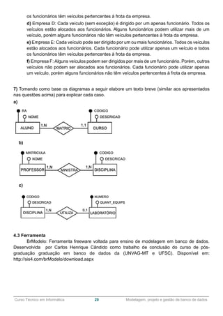 ______________________________________________________________________________________________
Curso Técnico em Informática 20 Modelagem, projeto e gestão de banco de dados
os funcionários têm veículos pertencentes à frota da empresa.
d) Empresa D: Cada veículo (sem exceção) é dirigido por um apenas funcionário. Todos os
veículos estão alocados aos funcionários. Alguns funcionários podem utilizar mais de um
veículo, porém alguns funcionários não têm veículos pertencentes à frota da empresa.
e) Empresa E: Cada veículo pode ser dirigido por um ou mais funcionários. Todos os veículos
estão alocados aos funcionários. Cada funcionário pode utilizar apenas um veículo e todos
os funcionários têm veículos pertencentes à frota da empresa.
f) Empresa F: Alguns veículos podem ser dirigidos por mais de um funcionário. Porém, outros
veículos não podem ser alocados aos funcionários. Cada funcionário pode utilizar apenas
um veículo, porém alguns funcionários não têm veículos pertencentes à frota da empresa.
7) Tomando como base os diagramas a seguir elabore um texto breve (similar aos apresentados
nas questões acima) para explicar cada caso.
a)
b)
c)
4.3 Ferramenta
BrModelo: Ferramenta freeware voltada para ensino de modelagem em banco de dados.
Desenvolvida por Carlos Henrique Cândido como trabalho de conclusão do curso de pós-
graduação graduação em banco de dados da (UNVAG-MT e UFSC). Disponível em:
http://sis4.com/brModelo/download.aspx
 