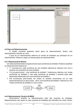 ______________________________________________________________________________________________
Curso Técnico em Informática 21 Modelagem, projeto e gestão de banco de dados
4.4 Graus de Relacionamentos
O modelo conceitual apresenta vários graus de relacionamentos: binário, auto
relacionamento e ternário ou n-ário.
O grau de um relacionamento refere-se ao número de entidades que participam de um
relacionamento. Observe a seguir os diversos graus de relacionamentos:
4.4.1 Relacionamento Binário
Um relacionamento binário é aquele envolve duas ocorrências de entidade. Podemos classificar
os relacionamentos binários em:
 1:1 (um-para-um): cada ocorrência de uma entidade relaciona-se relaciona com uma e
somente uma ocorrência da outra entidade.
 1:N (um-para-muitos): uma ocorrência da entidade 1 relaciona-se relaciona com muitas
ocorrências da entidade 2, mas cada ocorrência da entidade 2 somente pode estar
relacionada relacionada com uma ocorrência da entidade 1.
 N:N (muitos-para para-muitos): em ambos os sentidos encontramos um ou mais
relacionamentos de um-para-muitos, , isto é, uma ocorrência da entidade 1 relaciona-se com
muitas ocorrências da entidade 2 e vice e versa.
4.4.2 Relacionamento Ternário (N-ÁRIO)
Denominamos ternários os relacionamentos entre três conjuntos de entidades.
Relacionamentos com quatro ou mais conjuntos de entidades são chamados de n-ários. Porém,
 