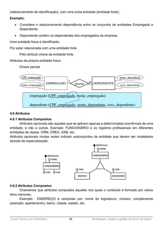 ______________________________________________________________________________________________
Curso Técnico em Informática 26 Modelagem, projeto e gestão de banco de dados
(relacionamento de identificação), com uma outra entidade (entidade forte);
Exemplo:
 Considere o relacionamento dependência entre os conjuntos de entidades Empregado e
Dependente.
 Dependente contém os dependentes dos empregados da empresa.
Uma entidade fraca é identificada:
Por estar relacionada com uma entidade forte:
Pelo atributo chave da entidade forte.
Atributos da própria entidade fraca:
Chave parcial.
4.6 Atributos
4.6.1 Atributos Compostos
Atributos opcionais são aqueles que se aplicam apenas a determinadas ocorrências de uma
entidade, e não a outras. Exemplo: FUNCIONÁRIO e os registros profissionais em diferentes
entidades de classe: CRM, CREA, OAB, etc.
Atributos opcionais muitas vezes indicam subconjuntos da entidade que devem ser modelados
através de especialização.
4.6.2 Atributos Compostos
Chamamos que atributos compostos àqueles nos quais o conteúdo é formado por vários
itens menores.
Exemplo: ENDEREÇO é composto por: nome do logradouro, número, complemento
(exemplo: apartamento), bairro, cidade, estado, etc.
 