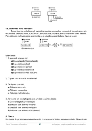 ______________________________________________________________________________________________
Curso Técnico em Informática 27 Modelagem, projeto e gestão de banco de dados
4.6.3 Atributos Multi valorados
Denominamos atributos multi valorados àqueles nos quais o conteúdo é formado por mais
de um valor. Exemplo: FUNCIONÁRIO e DEPENDENTE, DEPENDENTE este último como atributo.
Para atributos multi valorados recomenda-se a solução apresentada na figura a seguir.
Exercícios:
1) O que você entende por:
a) Generalização/Especialização
b) Especialização total
c) Especialização parcial
d) Especialização exclusiva
e) Especialização não exclusiva
2) O que é uma entidade associativa?
3) Explique o que são:
a) Atributos opcionais
b) Atributos compostos
c) Atributos multivalorados
4) Apresente um exemplo para cada um dos seguintes casos:
a) Generalização/Especialização
b) Entidade com atributo opcional
c) Entidade com atributo composto
d) Entidade com atributo multi valorado
5) Diretor
Um diretor dirige apenas um departamento. Um departamento tem apenas um diretor. Determine o
 