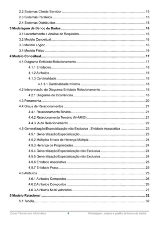 ______________________________________________________________________________________________
Curso Técnico em Informática 4 Modelagem, projeto e gestão de banco de dados
2.2 Sistemas Cliente Servidor .............................................................................................15
2.3 Sistemas Paralelos........................................................................................................15
2.4 Sistemas Distribuídos....................................................................................................15
3 Modelagem de Banco de Dados..............................................................................................16
3.1 Levantamento e Análise de Requisitos..........................................................................16
3.2 Modelo Conceitual.........................................................................................................16
3.3 Modelo Lógico ...............................................................................................................16
3.4 Modelo Físico ................................................................................................................16
4 Modelo Conceitual ....................................................................................................................17
4.1 Diagrama Entidade-Relacionamento.............................................................................17
4.1.1 Entidades.........................................................................................................18
4.1.2 Atributos...........................................................................................................18
4.1.3 Cardinalidade...................................................................................................18
4.1.3.1 Cardinalidade mínima ........................................................................18
4.2 Interpretação do Diagrama Entidade Relacionamento..................................................18
4.2.1 Diagrama de Ocorrências ................................................................................18
4.3 Ferramenta....................................................................................................................20
4.4 Graus de Relacionamentos...........................................................................................21
4.4.1 Relacionamento Binário...................................................................................21
4.4.2 Relacionamento Ternário (N-ÁRIO) .................................................................21
4.4.3 Auto Relacionamento......................................................................................22
4.5 Generalização/Especialização não Exclusiva , Entidade Associativa ...........................23
4.5.1 Generalização/Especialização.........................................................................23
4.5.2 Múltiplos Níveis de Herança Múltipla...............................................................24
4.5.3 Herança de Propriedades ................................................................................24
4.5.4 Generalização/Especialização não Exclusiva..................................................24
4.5.5 Generalização/Especialização não Exclusiva..................................................24
4.5.6 Entidade Associativa........................................................................................25
4.5.7 Entidade Fraca.................................................................................................25
4.6 Atributos ........................................................................................................................25
4.6.1 Atributos Compostos........................................................................................26
4.6.2 Atributos Compostos........................................................................................26
4.6.3 Atributos Multi valorados..................................................................................27
5 Modelo Relacional ....................................................................................................................32
5.1 Tabela............................................................................................................................32
 