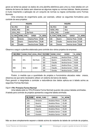 ______________________________________________________________________________________________
Curso Técnico em Informática 44 Modelagem, projeto e gestão de banco de dados
grave ao tentar-se passar os dados de uma planilha eletrônica para uma ou mais tabelas em um
sistema de banco de dados sem observar-se algumas regras ou normas básicas. Neste processo
é muito importante a aplicação de um conjunto de normas ou regras conhecidas como Formas
Normais.
Uma empresa de engenharia pode, por exemplo, utilizar os seguintes formulários para
controle de seus projetos:
Observe a seguir a planilha elaborada para controle dos vários projetos da empresa:
Porém, à medida que a quantidade de projetos e funcionários alocados neles cresce,
observou-se que seria necessário utilizar um sistema de banco de dados.
Para garantir a integridade e controlar a redundância dos dados aplicou-se à tabela acima as
seguintes Formas Normais:
7.2.1 1 FN: Primeira Forma Normal
Uma tabela está na 1FN (Primeira Forma Normal) quando não possui tabelas aninhadas.
A tabela para controle de projetos apresenta a seguinte tabela aninhada:
Não se deve simplesmente separar a tabela acima do restante da tabela de controle de projetos,
 