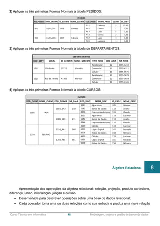 ______________________________________________________________________________________________
Curso Técnico em Informática 48 Modelagem, projeto e gestão de banco de dados
2) Aplique as três primeiras Formas Normais à tabela PEDIDOS:
3) Aplique as três primeiras Formas Normais à tabela de DEPARTAMENTOS:
4) Aplique as três primeiras Formas Normais à tabela CURSOS:
Apresentação das operações da álgebra relacional: seleção, projeção, produto cartesiano,
diferença, união, intersecção, junção e divisão.
 Desenvolvida para descrever operações sobre uma base de dados relacional;
 Cada operador toma uma ou duas relações como sua entrada e produz uma nova relação
Álgebra Relacional 8
 