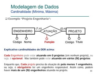 333333
Modelagem de Dados
Cardinalidade (Mínima, Máxima)
 Exemplo “Projeto Engenharia”:
Explicativo cardinalidades do DER acima:
Cada Engenheiro pode estar atuando em 0 projetos (em nenhum projeto), ou
seja, é opcional. Mas também pode estar atuando em vários (N) projetos.
Enquanto que, Cada projeto precisa da atuação de pelo menos 1 engenheiro,
ou seja, é obrigatório ter um engenheiro responsável. Assim como, podem
haver mais de um (N) engenheiros atuando no projeto.
 