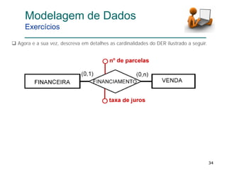 343434
 Agora e a sua vez, descreva em detalhes as cardinalidades do DER ilustrado a seguir.
Modelagem de Dados
Exercícios
 