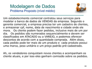 444444
Um estabelecimento comercial contratou seus serviços para
modelar o banco de dados de VENDAS da empresa. Segundo o
gerente comercial, a empresa precisa ter um cadastro de clientes,
e armazenar cpf, nome, data de nascimento e cidade onde ele
mora. Os cliente podem fazer pedidos, inclusive mais de um por
dia. Os pedidos são numerados sequencialmente e devem ser
classificados em ATACADO ou a VAREJO, e podemos oferecer
descontos de acordo com a quantidade comprada. Além disso,
cada pedido pode ter mais de um produto e cada produto possui
uma marca, peso unitário e um preço padrão pré-cadastrado.
Ah, os vendedores conquistam novos clientes e acompanham os
cliente atuais, e por isso eles ganham comissão sobre os pedidos.
Modelagem de Dados
Problema Proposto (nível médio)
 