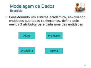 888
Modelagem de Dados
Exercício
 Considerando um sistema acadêmico, envolvendo
entidades que todos conhecemos, defina pelo
menos 3 atributos para cada uma das entidades
Aluno
Disciplina
Professor
Turma
 