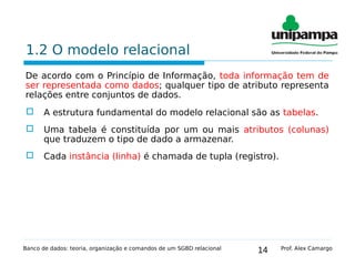 14
1.2 O modelo relacional
De acordo com o Princípio de Informação, toda informação tem de
ser representada como dados; qualquer tipo de atributo representa
relações entre conjuntos de dados.
 A estrutura fundamental do modelo relacional são as tabelas.
 Uma tabela é constituída por um ou mais atributos (colunas)
que traduzem o tipo de dado a armazenar.
 Cada instância (linha) é chamada de tupla (registro).
Banco de dados: teoria, organização e comandos de um SGBD relacional Prof. Alex Camargo
 