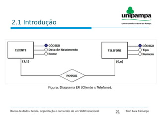 21
2.1 Introdução
Banco de dados: teoria, organização e comandos de um SGBD relacional Prof. Alex Camargo
Figura. Diagrama ER (Cliente x Telefone).
 