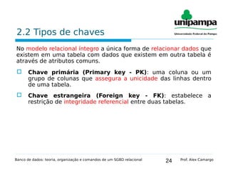 24
2.2 Tipos de chaves
No modelo relacional íntegro a única forma de relacionar dados que
existem em uma tabela com dados que existem em outra tabela é
através de atributos comuns.
 Chave primária (Primary key - PK): uma coluna ou um
grupo de colunas que assegura a unicidade das linhas dentro
de uma tabela.
 Chave estrangeira (Foreign key - FK): estabelece a
restrição de integridade referencial entre duas tabelas.
Banco de dados: teoria, organização e comandos de um SGBD relacional Prof. Alex Camargo
 