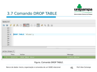 41
3.7 Comando DROP TABLE
Banco de dados: teoria, organização e comandos de um SGBD relacional Prof. Alex Camargo
Figura. Comando DROP TABLE.
 