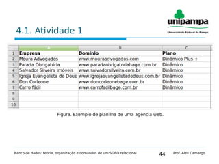 44
4.1. Atividade 1
Banco de dados: teoria, organização e comandos de um SGBD relacional Prof. Alex Camargo
Figura. Exemplo de planilha de uma agência web.
 