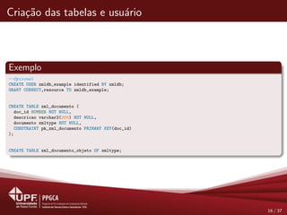 Cria¸c˜ao das tabelas e usu´ario
Exemplo
--Opcional
CREATE USER xmldb_example identified BY xmldb;
GRANT CONNECT,resource TO xmldb_example;
CREATE TABLE xml_documento (
doc_id NUMBER NOT NULL,
descricao varchar2(200) NOT NULL,
documento xmltype NOT NULL,
CONSTRAINT pk_xml_documento PRIMARY KEY(doc_id)
);
CREATE TABLE xml_documento_objeto OF xmltype;
16 / 37
 