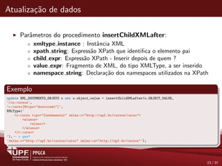 Atualiza¸c˜ao de dados
Parˆametros do procedimento insertChildXMLafter:
xmltype instance : Instˆancia XML
xpath string: Express˜ao XPath que identiﬁca o elemento pai
child expr: Express˜ao XPath - Inserir depois de quem ?
value expr: Fragmento de XML, do tipo XMLType, a ser inserido
namespace string: Declara¸c˜ao dos namespaces utilizados na XPath
Exemplo
update XML_DOCUMENTO_OBJETO o set o.object_value = insertChildXMLafter(o.OBJECT_VALUE,
’/cs:cursos’,
’c:curso[@tipo="doutorado"]’,
XMLType(’
<c:curso tipo="fundamental" xmlns:c="http://upf.br/cursos/curso">
<alunos>
<aluno/>
</alunos>
</c:curso>
’),-- o que?
’xmlns:c="http://upf.br/cursos/curso" xmlns:cs="http://upf.br/cursos"’);
23 / 37
 