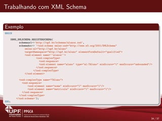 Trabalhando com XML Schema
Exemplo
BEGIN
DBMS_XMLSCHEMA.REGISTERSCHEMA(
schemaurl=>’http://upf.br/schemas/alunos.xsd’,
schemadoc=> ’<xsd:schema xmlns:xsd="http://www.w3.org/2001/XMLSchema"
xmlns:al="http://upf.br/aluno"
targetNamespace="http://upf.br/aluno" elementFormDefault="qualified">
<xsd:element name=’’alunos’’>
<xsd:complexType>
<xsd:sequence>
<xsd:element name="aluno" type="al:TAluno" minOccurs="1" maxOccurs="unbounded"/>
</xsd:sequence>
</xsd:complexType>
</xsd:element>
<xsd:complexType name="TAluno">
<xsd:sequence>
<xsd:element name="nome" minOccurs="1" maxOccurs="1"/>
<xsd:element name="matricula" minOccurs="1" maxOccurs="1"/>
</xsd:sequence>
</xsd:complexType>
</xsd:schema>’);
END;
34 / 37
 