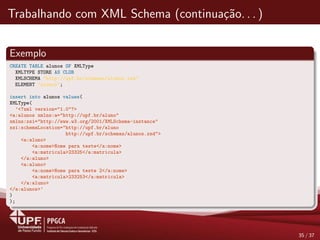 Trabalhando com XML Schema (continua¸c˜ao. . . )
Exemplo
CREATE TABLE alunos OF XMLType
XMLTYPE STORE AS CLOB
XMLSCHEMA "http://upf.br/schemas/alunos.xsd"
ELEMENT "alunos";
insert into alunos values(
XMLType(
’<?xml version="1.0"?>
<a:alunos xmlns:a="http://upf.br/aluno"
xmlns:xsi="http://www.w3.org/2001/XMLSchema-instance"
xsi:schemaLocation="http://upf.br/aluno
http://upf.br/schemas/alunos.xsd">
<a:aluno>
<a:nome>Nome para teste</a:nome>
<a:matricula>23325</a:matricula>
</a:aluno>
<a:aluno>
<a:nome>Nome para teste 2</a:nome>
<a:matricula>233253</a:matricula>
</a:aluno>
</a:alunos>’
)
);
35 / 37
 