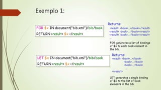Exemplo 1: 
FOR $x IN document("bib.xml")/bib/book 
RETURN <result> $x </result> 
Returns: 
<result> <book>...</book></result> 
<result> <book>...</book></result> 
<result> <book>...</book></result> 
... 
LET $x IN document("bib.xml")/bib/book 
RETURN <result> $x </result> 
FOR generates a list of bindings 
of $x to each book element in 
the bib. 
Returns: 
<result> <book>...</book> 
<book>...</book> 
<book>...</book> 
... 
</result> 
LET generates a single binding 
of $x to the list of book 
elements in the bib. 
 