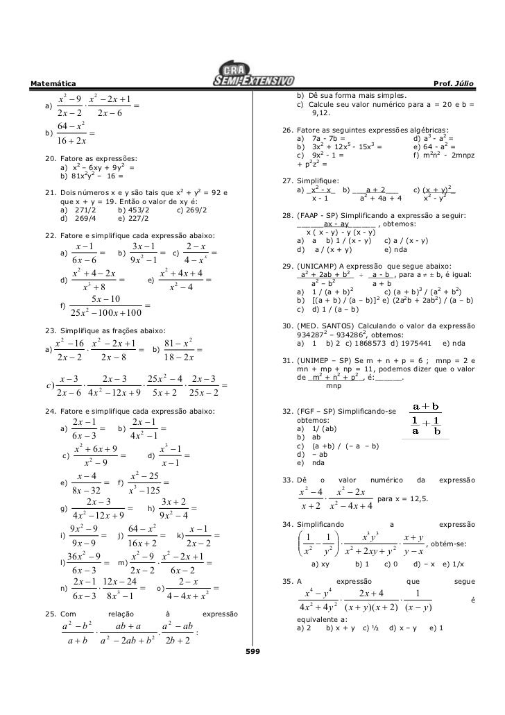 Calcule O Valor Das Seguintes Expressões Numéricas 81 20 4 Banco De Exercicios Gerais De Matematica Todo Em