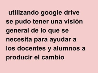utilizando google drive
se pudo tener una visión
general de lo que se
necesita para ayudar a
los docentes y alumnos a
producir el cambio
 