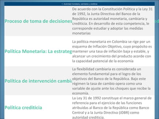 1. Autoridad monetaria, cambiaria y crediticia
Proceso de toma de decisiones de política monetaria, cambiaria y cred
De acuerdo con la Constitución Política y la Ley 31
de 1992, la Junta Directiva del Banco de la
República es autoridad monetaria, cambiaria y
crediticia. En desarrollo de esta competencia, le
corresponde estudiar y adoptar las medidas
monetarias
Política Monetaria: La estrategia de inflación objetivo en Colombia
La política monetaria en Colombia se rige por un
esquema de Inflación Objetivo, cuyo propósito es
mantener una tasa de inflación baja y estable, y
alcanzar un crecimiento del producto acorde con
la capacidad potencial de la economía
Política de intervención cambiaria
La flexibilidad cambiaria es considerada un
elemento fundamental para el logro de los
objetivos del Banco de la República. Bajo este
régimen la tasa de cambio opera como una
variable de ajuste ante los choques que recibe la
economía.
Política crediticia
La Ley 31 de 1992 constituye el marco general de
referencia para el ejercicio de las funciones
atribuidas al Banco de la República como Banco
Central y a la Junta Directiva (JDBR) como
autoridad crediticia.
 
