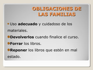 OBLIGACIONES DEOBLIGACIONES DE
LAS FAMILIASLAS FAMILIAS
Uso adecuadoadecuado y cuidadoso de los
materiales.
DevolverlosDevolverlos cuando finalice el curso.
ForrarForrar los libros.
ReponerReponer los libros que estén en mal
estado.
 