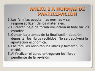 ANEXO I A NORMAS DEANEXO I A NORMAS DE
PARTICIPACIÓNPARTICIPACIÓN
1.Las familias aceptan las normas y se
responsabilizan de los materiales.
2.Cursarán baja de forma voluntaria al finalizar los
estudios.
3.Cursan baja antes de la finalización deberán
depositar los libros recibidos. No se devolverá la
aportación económica.
4.Las familias recibirán los libros y firmarán un
recibí.
5.Al finalizar el curso entregarán los libros
pendiente de la revisión.
 