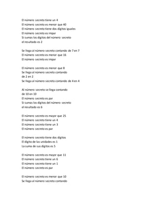 El número secreto tiene un 4
El número secreto es menor que 40
El número secreto tiene dos dígitos iguales
El número secreto es impar
Si sumas los dígitos del número secreto
el resultado es 2
Se llega al número secreto contando de 7 en 7
El número secreto es menor que 16
El número secreto es impar
El número secreto es menor que 8
Se llega al número secreto contando
de 2 en 2
Se llega al número secreto contando de 4 en 4
Al número secreto se llega contando
de 10 en 10
El número secreto es par
Si sumas los dígitos del número secreto
el resultado es 6
El número secreto es mayor que 25
El número secreto tiene un 4
El número secreto tiene un 3
El número secreto es par
El número secreto tiene dos dígitos
El dígito de las unidades es 1
La suma de sus dígitos es 5
El número secreto es mayor que 11
El número secreto tiene un 6
El número secreto tiene un 1
El número secreto es par
El número secreto es menor que 10
Se llega al número secreto contando
 