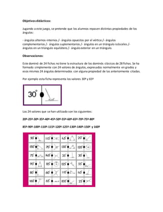 Objetivos didácticos:
Jugando a este juego, se pretende que los alumnos repasen distintas propiedades de los
ángulos:
- ángulos alternos-internos./- ángulos opuestos por el vértice./- ángulos
complementarios./- ángulos suplementarios./- ángulos en un triángulo isósceles./-
ángulos en un triángulo equilátero./- ángulo exterior en un triángulo.
Observaciones:
Este dominó de 24 fichas no tiene la estructura de los dominós clásicos de 28 fichas. Se ha
formado simplemente con 24 valores de ángulos, expresados normalmente en grados y
esos mismos 24 ángulos determinados con alguna propiedad de las anteriormente citadas.
Por ejemplo esta ficha representa los valores 30º y 65º
Los 24 valores que se han utilizado son los siguientes:
20º-25º-30º-35º-40º-45º-50º-55º-60º-65º-70º-75º-80º
85º-90º-100º-110º-115º-120º-125º-130º-140º-150º y 160º
 