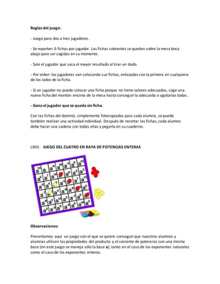 Reglas del juego:
- Juego para dos o tres jugadores.
- Se reparten 6 fichas por jugador. Las fichas sobrantes se quedan sobre la mesa boca
abajo para ser cogidas en su momento.
- Sale el jugador que saca el mayor resultado al tirar un dado.
- Por orden los jugadores van colocando sus fichas, enlazadas con la primera en cualquiera
de los lados de la ficha.
- Si un jugador no puede colocar una ficha porque no tiene valores adecuados, coge una
nueva ficha del montón encima de la mesa hasta conseguir la adecuada o agotarlas todas.
- Gana el jugador que se queda sin ficha.
Con las fichas del dominó, simplemente fotocopiadas para cada alumno, se puede
también realizar una actividad individual. Después de recortar las fichas, cada alumno
debe hacer una cadena con todas ellas y pegarla en su cuaderno.
LXIII) JUEGO DEL CUATRO EN RAYA DE POTENCIAS ENTERAS
Observaciones:
Presentamos aquí un juego con el que se quiere conseguir que nuestros alumnos y
alumnas utilicen las propiedades del producto y el cociente de potencias con una misma
base (en este juego se maneja sólo la base a), tanto en el caso de los exponentes naturales
como el caso de los exponentes enteros.
 