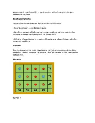 pasatiempo. Si surge la ocasión, se puede plantear utilizar letras diferentes para
representar cada cosa.
Estrategias implicadas:
- Observar regularidades en un conjunto de números o objetos.
- Hacer conjeturas y comprobarlas después.
- Establecer nuevas igualdades o ecuaciones entre objetos que sean más sencillas,
utilizando el método de hacer lo mismo de los dos lados.
- Utilizar la información que ya se ha obtenido para sacar más condiciones sobre los
números o los objetos.
Actividad:
En estos 5 pasatiempos, obtén los valores de los objetos que aparecen. Cada objeto
representa una cifra diferente. Los números son el resultado de la suma de cada fila y
cada columna.
Ejemplo 1:
Ejemplo 2:
 
