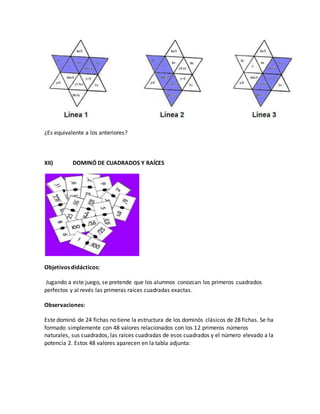 ¿Es equivalente a los anteriores?
XII) DOMINÓ DE CUADRADOS Y RAÍCES
Objetivos didácticos:
Jugando a este juego, se pretende que los alumnos conozcan los primeros cuadrados
perfectos y al revés las primeras raíces cuadradas exactas.
Observaciones:
Este dominó de 24 fichas no tiene la estructura de los dominós clásicos de 28 fichas. Se ha
formado simplemente con 48 valores relacionados con los 12 primeros números
naturales, sus cuadrados, las raíces cuadradas de esos cuadrados y el número elevado a la
potencia 2. Estos 48 valores aparecen en la tabla adjunta:
 