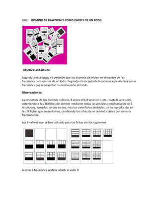 XXIII) DOMINÓ DE FRACCIONES COMO PARTES DE UN TODO
Objetivos didácticos:
Jugando a este juego, se pretende que los alumnos se inicien en el manejo de las
fracciones como partes de un todo, llegando al concepto de fracciones equivalentes como
fracciones que representan la misma parte del todo
Observaciones:
La estructura de los dominós clásicos, 8 veces el 0, 8 veces el 1, etc., hasta 8 veces el 6,
obteniéndose las 28 fichas del dominó mediante todas las posibles combinaciones de 7
resultados, tomados de dos en dos, más las siete fichas de dobles, se ha reproducido en
las 28 fichas que presentamos, cambiando las cifras de un dominó clásico por números
fraccionarios.
Los 6 valores que se han utilizado para las fichas son los siguientes:
A estas 6 fracciones se debe añadir el valor 0
 