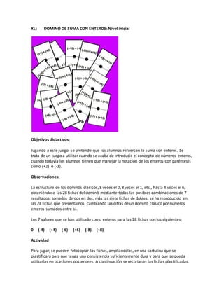 XL) DOMINÓ DE SUMA CON ENTEROS: Nivel inicial
Objetivos didácticos:
Jugando a este juego, se pretende que los alumnos refuercen la suma con enteros. Se
trata de un juego a utilizar cuando se acaba de introducir el concepto de números enteros,
cuando todavía los alumnos tienen que manejar la notación de los enteros con paréntesis
como (+2) o (-3).
Observaciones:
La estructura de los dominós clásicos, 8 veces el 0, 8 veces el 1, etc., hasta 8 veces el 6,
obteniéndose las 28 fichas del dominó mediante todas las posibles combinaciones de 7
resultados, tomados de dos en dos, más las siete fichas de dobles, se ha reproducido en
las 28 fichas que presentamos, cambiando las cifras de un dominó clásico por números
enteros sumados entre sí.
Los 7 valores que se han utilizado como enteros para las 28 fichas son los siguientes:
0 (-4) (+4) (-6) (+6) (-8) (+8)
Actividad
Para jugar, se pueden fotocopiar las fichas, ampliándolas, en una cartulina que se
plastificará para que tenga una consistencia suficientemente dura y para que se pueda
utilizarlas en ocasiones posteriores. A continuación se recortarán las fichas plastificadas.
 