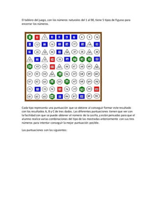 El tablero del juego, con los números naturales del 1 al 90, tiene 5 tipos de figuras para
encerrar los números.
Cada tipo representa una puntuación que se obtiene al conseguir formar este resultado
con los resultados A, B y C de tres dados. Las diferentes puntuaciones tienen que ver con
la facilidad con que se puede obtener el número de la casilla, y están pensadas para que el
alumno realice varias combinaciones del tipo de las mostradas anteriormente con sus tres
números para intentar conseguir la mejor puntuación posible.
Las puntuaciones son las siguientes:
 