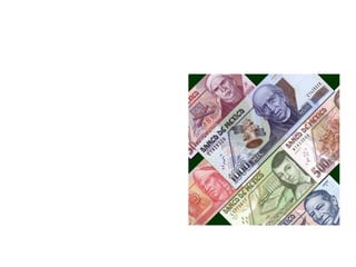 Billetes y monedas
• El Banco de México regula
  el volumen de moneda en
  circulación y opera como el
  Banco de Reserva.

• También emite la moneda y
  los billetes (y además los
  produce).

• Actúa como agente en la
  colocación de CETES.
 