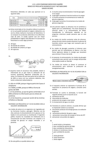 I.E.D. LICEO FEMENINO MERCCEDES NARIÑO
BANCO DE PREGUNTAS BIOMOLECULAS Y METABOLISMO
GRADO DECIMO
fotosíntesis obtenidos en cada caja aparecen en la
siguiente tabla:
Las letras encerradas en los recuadros indican la sustancia
en la cual quedó localizado el oxígeno radioactivo una
vez las células realizaron el proceso de fotosíntesis. Si
se comparan los productos obtenidos en las diferentes
cajas de petri, se puede suponer que con mayor
probabilidad el oxígeno (O2) liberado en el proceso de
fotosíntesis en estas algas proviene
A. del agua
B. del dióxido de carbono
C. del dióxido de carbono y el agua
D. de la glucosa
31.
El esquema ilustra la secuencia más probable, desde la
información de un gen hasta la utilización de las
enzimas (proteínas) digestivas producidas por la
célula. Si el fósforo (P) que hace parte de las moléculas
de ADN se marca con una sustancia radiactiva, más
tarde se detectará radiactividad en
A. sólo en el ADN, porque ninguna parte de él pasa al
citoplasma
B. el ADN y el ARN, porque el ARN se forma de
partes del ADN
C. en las proteínas, ya que los genes contenidos en el
ADN contienen la información para la síntesis de
proteínas
D. en los lisosomas, ya que por acción de las enzimas
el fósforo es liberado
RESPONDA LAS PREGUNTAS 32 Y 33 DE ACUERDO CON LA
SIGUIENTE INFORMACIÓN
Los niveles de azúcar en un organismo son regulados por
las hormonas insulina y glucagón. Mientras una de
ellas estimula el almacenamiento de la glucosa en los
tejidos la otra promueve su movilización. El siguiente
gráfico muestra los resultados de mediciones de la
concentración de estas hormonas con respecto a la
cantidad de glucosa en sangre realizadas a un
paciente.
32. De este gráfico es posible deducir que
A. la insulina actúa incrementando el nivel de glucagón
en la sangre
B. el glucagón aumenta el nivel de insulina en la sangre
C. la insulina aumenta al incrementarse los niveles de
glucosa sanguínea
D. el glucagón aumenta al incrementarse los niveles de
glucosa sanguínea
33. Una persona ingiere un almuerzo rico en proteínas y
lípidos pero sin carbohidratos. Tres horas después de
almorzar asiste a su entrenamiento de fútbol.
Considerando la información obtenida en las
preguntas anteriores puede pensarse que en esta
persona
A. los niveles de insulina aumentan antes de almorzar,
porque de esta manera puede almacenar la glucosa de
lacomida anterior que luego será necesaria para el
entrenamiento
B. los niveles de glucagón aumentan al almorzar para
permitir que los carbohidratos se liberen y de esta
forma lapersona obtiene la energía que necesitará
para entrenar 3 horas más tarde
C. al comenzar el entrenamiento, los niveles de glucagón
aumentarán para permitir que la energía almacenada
enlos tejidos pueda ser liberada
D. los niveles de insulina se elevan al comenzar el
entrenamiento para estimular la producción de
energíaalmacenada
RESPONDA LAS PREGUNTAS 34 Y 35 DE ACUERDO CON LA
SIGUIENTE INFORMACIÓN
En el esquema anterior se representa el proceso de la
respiración en presencia de oxígeno, conocida como
aerobia.
34. Teniendo en cuenta lo planteado, la función del
organelo donde ocurre la reacción (1) es
A. asimilación de CO2
B. intercambio de moléculas
C. producción de energía a nivel celular
D. la incorporación de agua a la célula
35. Teniendo en cuenta lo anterior, se puede afirmar que
la respiración celular es un proceso
A. intracelular productor de energía gracias a la oxidación
de glucosa
B. extracelular productor de gases y agua
C. extracelular consumidor de energía en forma de ATP
D. extracelular consumidor de oxígeno
36.
I
1. pared celular y cloroplastos
2. gran cantidad de aparato de Golgi
3. gran cantidad de mitocondrias
4. células sin membranas internas
5. gran cantidad de vacuolas
II
a. célula glandular
b. célula bacteriana
c. célula vegetal
 