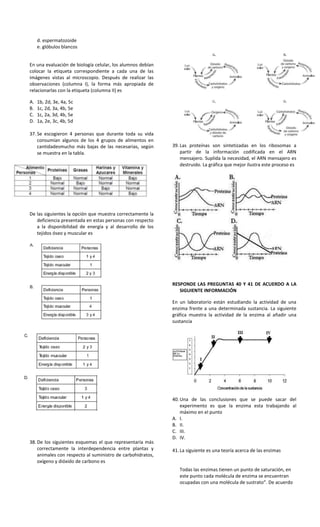 d. espermatozoide
e. glóbulos blancos
En una evaluación de biología celular, los alumnos debían
colocar la etiqueta correspondiente a cada una de las
imágenes vistas al microscopio. Después de realizar las
observaciones (columna I), la forma más apropiada de
relacionarlas con la etiqueta (columna II) es
A. 1b, 2d, 3e, 4a, 5c
B. 1c, 2d, 3a, 4b, 5e
C. 1c, 2a, 3d, 4b, 5e
D. 1a, 2e, 3c, 4b, 5d
37. Se escogieron 4 personas que durante toda su vida
consumían algunos de los 4 grupos de alimentos en
cantidadesmucho más bajas de las necesarias, según
se muestra en la tabla.
De las siguientes la opción que muestra correctamente la
deficiencia presentada en estas personas con respecto
a la disponibilidad de energía y al desarrollo de los
tejidos óseo y muscular es
38. De los siguientes esquemas el que representaría más
correctamente la interdependencia entre plantas y
animales con respecto al suministro de carbohidratos,
oxígeno y dióxido de carbono es
39. Las proteínas son sintetizadas en los ribosomas a
partir de la información codificada en el ARN
mensajero. Suplida la necesidad, el ARN mensajero es
destruido. La gráfica que mejor ilustra este proceso es
RESPONDE LAS PREGUNTAS 40 Y 41 DE ACUERDO A LA
SIGUIENTE INFORMACIÓN
En un laboratorio están estudiando la actividad de una
enzima frente a una determinada sustancia. La siguiente
gráfica muestra la actividad de la enzima al añadir una
sustancia
40. Una de las conclusiones que se puede sacar del
experimento es que la enzima esta trabajando al
máximo en el punto
A. I.
B. II.
C. III.
D. IV.
41. La siguiente es una teoría acerca de las enzimas
Todas las enzimas tienen un punto de saturación, en
este punto cada molécula de enzima se encuentran
ocupadas con una molécula de sustrato”. De acuerdo
 