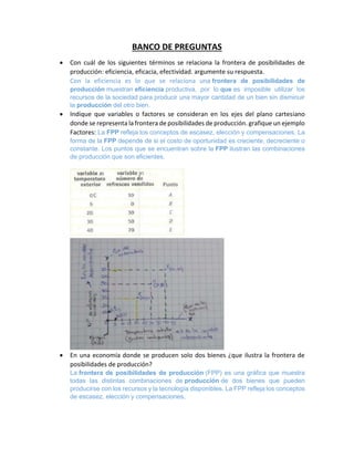 BANCO DE PREGUNTAS
 Con cuál de los siguientes términos se relaciona la frontera de posibilidades de
producción: eficiencia, eficacia, efectividad. argumente su respuesta.
Con la eficiencia es lo que se relaciona una frontera de posibilidades de
producción muestran eficiencia productiva, por lo que es imposible utilizar los
recursos de la sociedad para producir una mayor cantidad de un bien sin disminuir
la producción del otro bien.
 Indique que variables o factores se consideran en los ejes del plano cartesiano
donde se representa la frontera de posibilidades de producción. grafique un ejemplo
Factores: La FPP refleja los conceptos de escasez, elección y compensaciones. La
forma de la FPP depende de si el costo de oportunidad es creciente, decreciente o
constante. Los puntos que se encuentran sobre la FPP ilustran las combinaciones
de producción que son eficientes.
 En una economía donde se producen solo dos bienes ¿que ilustra la frontera de
posibilidades de producción?
La frontera de posibilidades de producción (FPP) es una gráfica que muestra
todas las distintas combinaciones de producción de dos bienes que pueden
producirse con los recursos y la tecnología disponibles. La FPP refleja los conceptos
de escasez, elección y compensaciones.
 