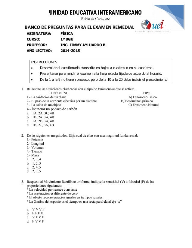 Banco de preguntas examen remedial fisica Banco de preguntas examen remedial fisica