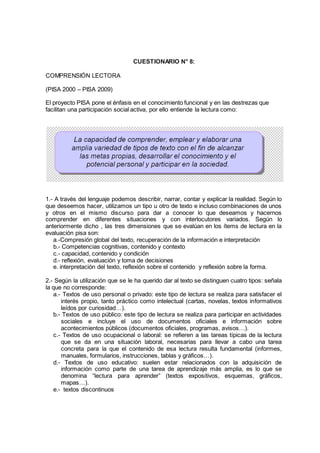 CUESTIONARIO N° 8:
COMPRENSIÓN LECTORA
(PISA 2000 – PISA 2009)
El proyecto PISA pone el énfasis en el conocimiento funcional y en las destrezas que
facilitan una participación social activa, por ello entiende la lectura como:
1.- A través del lenguaje podemos describir, narrar, contar y explicar la realidad. Según lo
que deseemos hacer, utilizamos un tipo u otro de texto e incluso combinaciones de unos
y otros en el mismo discurso para dar a conocer lo que deseamos y hacernos
comprender en diferentes situaciones y con interlocutores variados. Según lo
anteriormente dicho , las tres dimensiones que se evalúan en los ítems de lectura en la
evaluación pisa son:
a.-Compresión global del texto, recuperación de la información e interpretación
b.- Competencias cognitivas, contenido y contexto
c.- capacidad, contenido y condición
d.- reflexión, evaluación y toma de decisiones
e. interpretación del texto, reflexión sobre el contenido y reflexión sobre la forma.
2.- Según la utilización que se le ha querido dar al texto se distinguen cuatro tipos: señala
la que no corresponde:
a.- Textos de uso personal o privado: este tipo de lectura se realiza para satisfacer el
interés propio, tanto práctico como intelectual (cartas, novelas, textos informativos
leídos por curiosidad…).
b.- Textos de uso público: este tipo de lectura se realiza para participar en actividades
sociales e incluye el uso de documentos oficiales e información sobre
acontecimientos públicos (documentos oficiales, programas, avisos…).
c.- Textos de uso ocupacional o laboral: se refieren a las tareas típicas de la lectura
que se da en una situación laboral, necesarias para llevar a cabo una tarea
concreta para la que el contenido de esa lectura resulta fundamental (informes,
manuales, formularios, instrucciones, tablas y gráficos…).
d.- Textos de uso educativo: suelen estar relacionados con la adquisición de
información como parte de una tarea de aprendizaje más amplia, es lo que se
denomina “lectura para aprender” (textos expositivos, esquemas, gráficos,
mapas…).
e.- textos discontinuos
 