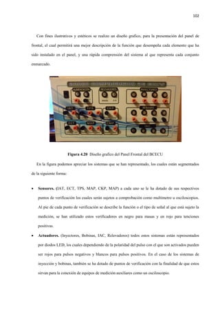 102
Con fines ilustrativos y estéticos se realizo un diseño grafico, para la presentación del panel de
frontal, el cual permitirá una mejor descripción de la función que desempeña cada elemento que ha
sido instalado en el panel, y una rápida comprensión del sistema al que representa cada conjunto
enmarcado.
Figura 4.20 Diseño grafico del Panel Frontal del BCECU
En la figura podemos apreciar los sistemas que se han representado, los cuales están segmentados
de la siguiente forma:
 Sensores. (IAT, ECT, TPS, MAP, CKP, MAP) a cada uno se le ha dotado de sus respectivos
puntos de verificación los cuales serán sujetos a comprobación como multímetro u osciloscopios.
Al pie de cada punto de verificación se describe la función o el tipo de señal al que está sujeto la
medición, se han utilizado estos verificadores en negro para masas y en rojo para tenciones
positivas.
 Actuadores. (Inyectores, Bobinas, IAC, Relevadores) todos estos sistemas están representados
por diodos LED, los cuales dependiendo de la polaridad del pulso con el que son activados pueden
ser rojos para pulsos negativos y blancos para pulsos positivos. En el caso de los sistemas de
inyección y bobinas, también se ha dotado de puntos de verificación con la finalidad de que estos
sirvan para la conexión de equipos de medición auxiliares como un osciloscopio.
 