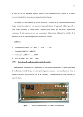 104
de conexión, con este objetivo se organizo una notación de los las borneras de cada una de las placas,
lo que permitirá enlistar las conexiones de cada circuito eléctrico.
Para enlistar las conexiones que se realizo, se codifico a cada una de las terminales de las borneras.
Ya que los circuitos eléctricos solo se muestra la conexión interna de la placa, la utilidad que se le va
a dar a cada terminal y su enlace interno, requiere de un sistema que nos permita organizar las
conexiones, de esta manera se creó una nomenclatura alfanumérica utilizando las iníciales de la
denominación de las placas acompañada del numero del terminal.
EJEMPLO:
 Alimentation de tension, (ATI, AT2, AT3, AT4…….AT60)
 Comunicación, (CM1, CM2,CM3)
 Control, (CT1, CT2, CT3……..CT17)
 Medición, (MD1, MD2, MD3…..MD5)
4.4.3.1 Conexiones de la placa de alimentación de tensión
La denotación alfanumérica de cada terminal ha sido organizada teniendo en cuenta la ubicación
de las borneras, tratando de que la numeración tenga una secuencia y un orden lógico, la placa de
alimentación cuenta con un número total de 60 terminales y el orden de numeración se muestra en la
siguiente figura.
Figura 4.22 Codificación alfanumérica de la placa de alimentación
 