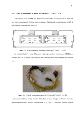 115
4.5.2 Arnés de comunicación de la ECU del CHEVROLET LUV 2.2 C22NE
Este vehículo ocupa una ECU tipo Delphi donde se alojan los dos conectores de 32 pines cada
uno, como se muestra en la siguiente figura, el pindata y el diagrama de conexión, de este modelo de
vehículo están adjuntados en el ANEXO 5.
Figura 4.33 Representación del conector original del CHEVROLET LUV 2.2
Una vez identificados los cables del conector original que requieren conexión para el BCECU, se
realizo el enlace de los mismos con el conector principal obteniendo el arnés mostrado en la siguiente
figura.
Figura 4.34 Arnés de comunicación para el BCECU del CHEVROLET LUV 2.2
Las conexiones realizadas entre el Conector Original y el Conector Principal del BCECU, en relación
al diagrama eléctrico del vehículo, están enlistadas en la Tabla 4.11, las cuales siguen el esquema
 