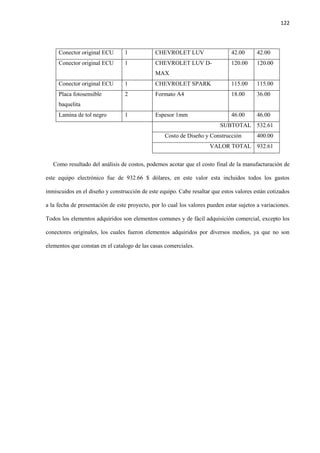 122
Conector original ECU 1 CHEVROLET LUV 42.00 42.00
Conector original ECU 1 CHEVROLET LUV D-
MAX
120.00 120.00
Conector original ECU 1 CHEVROLET SPARK 115.00 115.00
Placa fotosensible
baquelita
2 Formato A4 18.00 36.00
Lamina de tol negro 1 Espesor 1mm 46.00 46.00
SUBTOTAL 532.61
Costo de Diseño y Construcción 400.00
VALOR TOTAL 932.61
Como resultado del análisis de costos, podemos acotar que el costo final de la manufacturación de
este equipo electrónico fue de 932.66 $ dólares, en este valor esta incluidos todos los gastos
inmiscuidos en el diseño y construcción de este equipo. Cabe resaltar que estos valores están cotizados
a la fecha de presentación de este proyecto, por lo cual los valores pueden estar sujetos a variaciones.
Todos los elementos adquiridos son elementos comunes y de fácil adquisición comercial, excepto los
conectores originales, los cuales fueron elementos adquiridos por diversos medios, ya que no son
elementos que constan en el catalogo de las casas comerciales.
 
