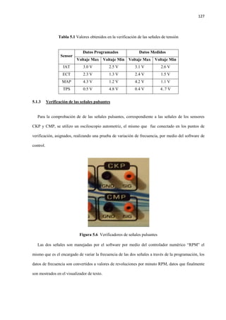 127
Tabla 5.1 Valores obtenidos en la verificación de las señales de tensión
Sensor
Datos Programados Datos Medidos
Voltaje Max Voltaje Min Voltaje Max Voltaje Min
IAT 3.0 V 2.5 V 3.1 V 2.6 V
ECT 2.3 V 1.3 V 2.4 V 1.5 V
MAP 4.3 V 1.2 V 4.2 V 1.1 V
TPS 0.5 V 4.8 V 0.4 V 4..7 V
5.1.3 Verificación de las señales pulsantes
Para la comprobación de de las señales pulsantes, correspondiente a las señales de los sensores
CKP y CMP, se utilizo un osciloscopio automotriz, el mismo que fue conectado en los puntos de
verificación, asignados, realizando una prueba de variación de frecuencia, por medio del software de
control.
Figura 5.6 Verificadores de señales pulsantes
Las dos señales son manejadas por el software por medio del controlador numérico “RPM” el
mismo que es el encargado de variar la frecuencia de las dos señales a través de la programación, los
datos de frecuencia son convertidos a valores de revoluciones por minuto RPM, datos que finalmente
son mostrados en el visualizador de texto.
 